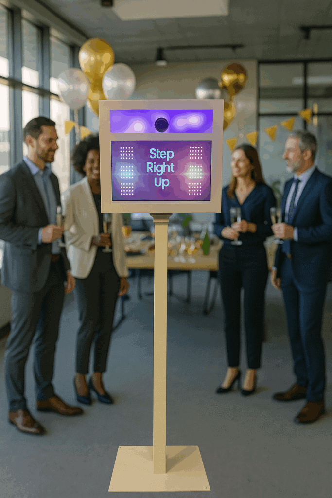 Photo booth setup in an office with people in the background.