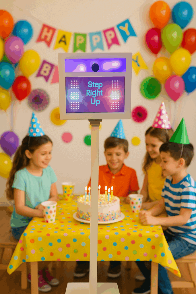 Photo booth setup at a colorful birthday party.